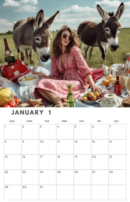 Free digital monthly calendar. Jackass edition. January 2024